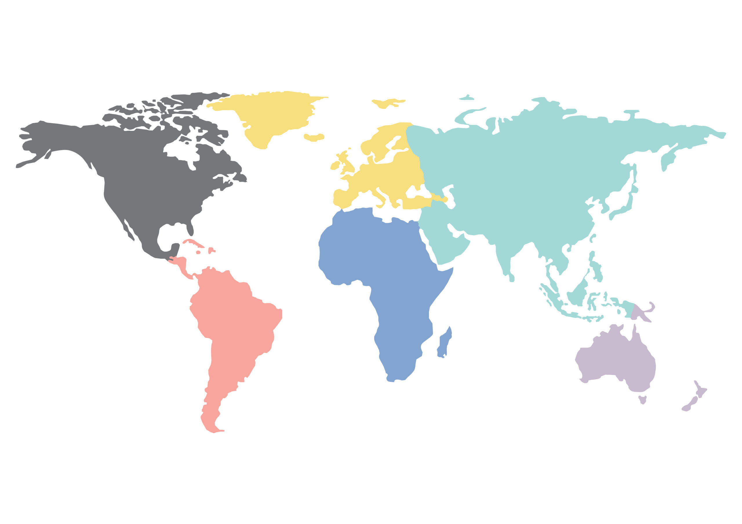 map of the world with each continent colored differently: North America is grey,
South America is coral,
Europe and Greenland are yellow,
Asia is mint green, Africa is a soft blue, Australia is a light purple