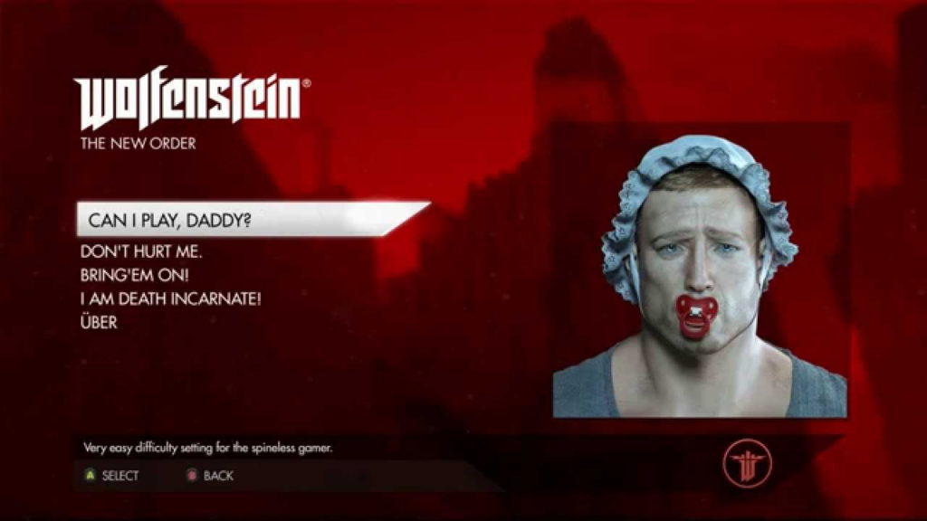 a screenshot of Wolfenstein's difficulty setting. The easiest setting "Can I play, daddy?" is shown. It shows the main character wearing a baby bonnet and sucking on a pacifier. A bottom description text states "Very easy difficulty setting for the spineless gamer."