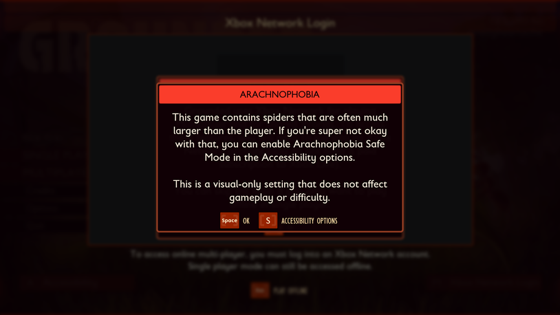 A screenshot of the game Grounded's arachnophobia setting. The screenshot reads "this game contains spiders that are often much larger than the player. If you're super not okay with that, you can enable Arachnophobia Safe Mode in the Accessibility options. This is a visual-only setting that does not affect gameplay or difficulty."